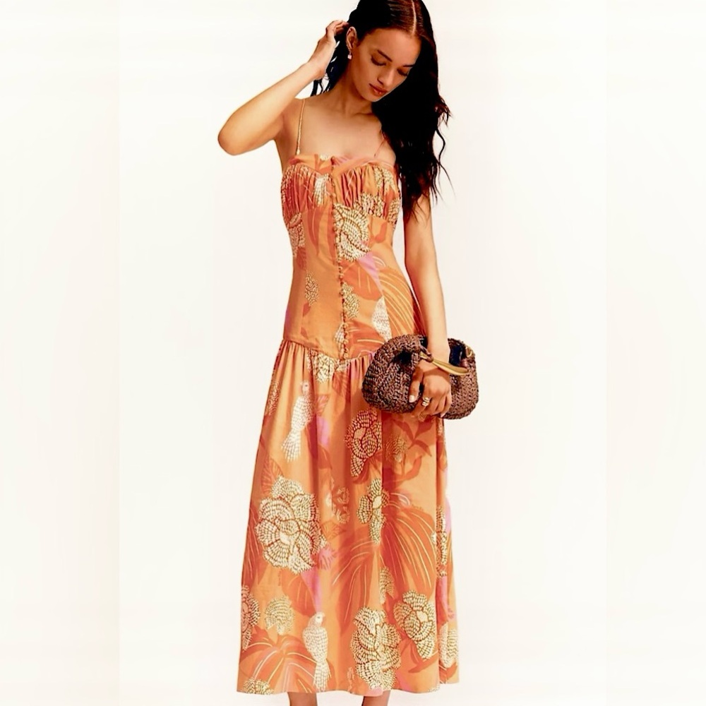 FARM Rio x Anthropologie Linen Blend Strapless Drop-Waist Maxi Dress Size XL - Picture 2 of 16